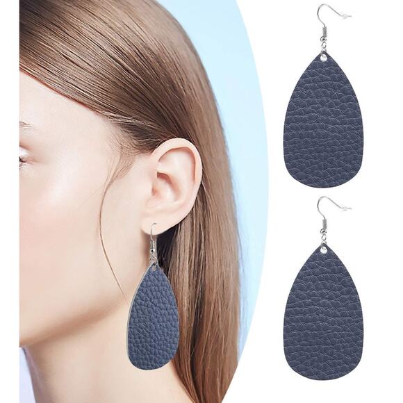Brown Tan Textured Leather Teardrop Earrings - Picture 3 of 3